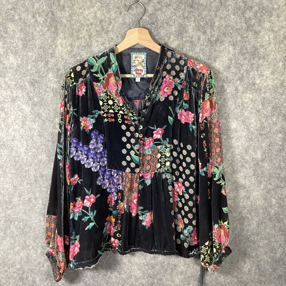 Johnny Was Rose Burnout Comisa Blouse Grey Floral Velvet Pink Roses Button XS